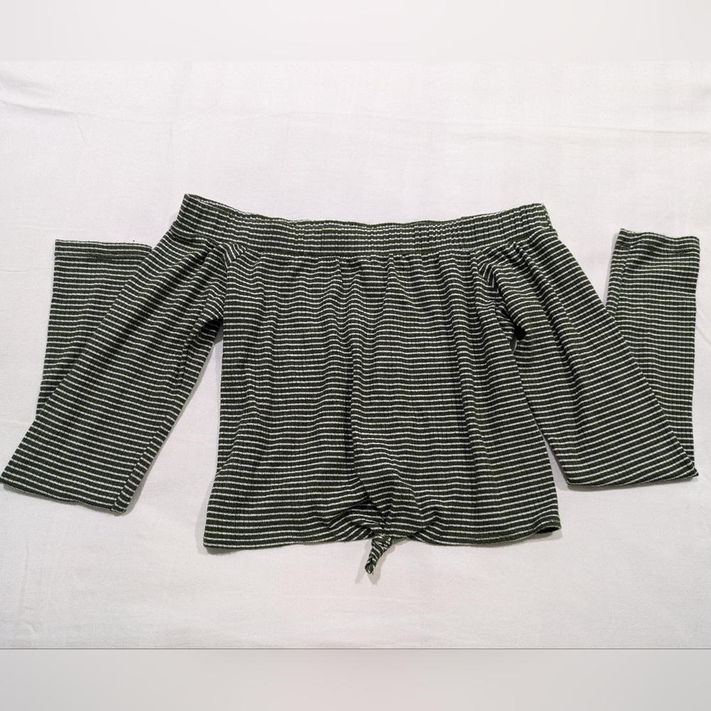 Love Culture off the shoulder elastic long sleeve striped green white shirt